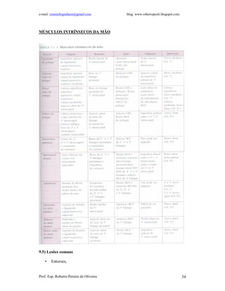 e-mail: cinesiologiafaum@gmail.com       blog: www.robertopeoli.blogspot.com




MÚSCULOS INTRÍNSECOS DA MÃO




9.5) Lesões comuns

    •   Entorses,


Prof. Esp. Roberto Pereira de Oliveira                                         34
 