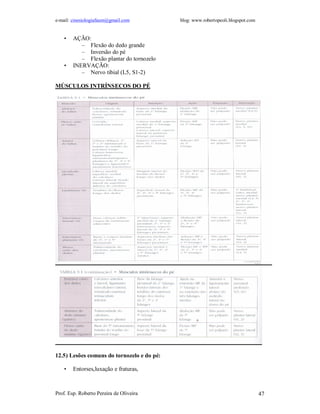 e-mail: cinesiologiafaum@gmail.com          blog: www.robertopeoli.blogspot.com


    •   AÇÃO:
           – Flexão do dedo grande
           – Inversão do pé
           – Flexão plantar do tornozelo
    •   INERVAÇÃO:
           – Nervo tibial (L5, S1-2)

MÚSCULOS INTRÍNSECOS DO PÉ




12.5) Lesões comuns do tornozelo e do pé:

    •   Entorses,luxação e fraturas,



Prof. Esp. Roberto Pereira de Oliveira                                            47
 