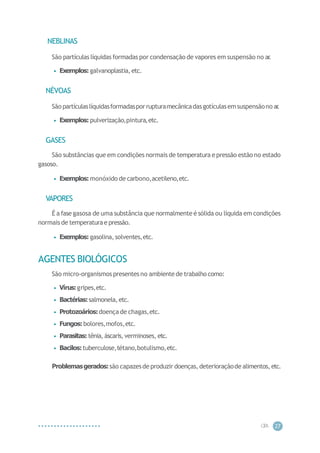 CIP
A 27
NEBLINAS
São partículas líquidas formadas por condensação de vapores em suspensão no ar
.
• Exemplos: galvanoplastia,etc.
NÉVOAS
São partículaslíquidasformadasporrupturamecânicadasgotículasemsuspensãono ar
.
• Exemplos: pulverização,pintura,etc.
GASES
São substâncias que em condições normais de temperatura epressão estão no estado
gasoso.
• Exemplos: monóxido de carbono,acetileno,etc.
VAPORES
É a fase gasosa de uma substância que normalmente é sólida ou líquida em condições
normais de temperaturae pressão.
• Exemplos: gasolina,solventes,etc.
AGENTES BIOLÓGICOS
São micro-organismos presentes no ambientede trabalho como:
• Vírus:gripes,etc.
• Bactérias:salmonela,etc.
• Protozoários:doença de chagas,etc.
• Fungos:bolores,mofos,etc.
• Parasitas: tênia,áscaris,verminoses, etc.
• Bacilos:tuberculose,tétano,botulismo,etc.
Problemasgerados:são capazesde produzir doenças, deterioraçãode alimentos, etc.
 