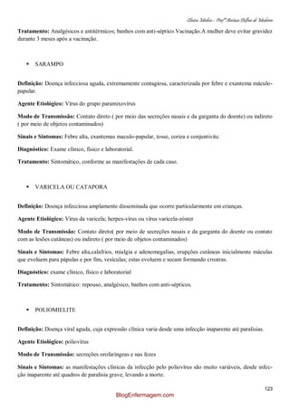 Clínica Médica – Profª Aretusa Delfino de Medeiros
123
Tratamento: Analgésicos e antitérmicos; banhos com anti-séptico.Vacinação.A mulher deve evitar gravidez
durante 3 meses após a vacinação.
 SARAMPO
Definição: Doença infecciosa aguda, extremamente contagiosa, caracterizada por febre e exantema máculo-
papular.
Agente Etiológico: Vírus do grupo paramixovírus
Modo de Transmissão: Contato direto ( por meio das secreções nasais e da garganta do doente) ou indireto
( por meio de objetos contaminados)
Sinais e Sintomas: Febre alta, exantemas maculo-papular, tosse, coriza e conjuntivite.
Diagnóstico: Exame clínico, físico e laboratorial.
Tratamento: Sintomático, conforme as manifestações de cada caso.
 VARICELA OU CATAPORA
Definição: Doença infecciosa amplamente disseminada que ocorre particularmente em crianças.
Agente Etiológico: Vírus da varicela; herpes-vírus ou vírus varicela-zóster
Modo de Transmissão: Contato direto( por meio de secreções nasais e da garganta do doente ou contato
com as lesões cutâneas) ou indireto ( por meio de objetos contaminados)
Sinais e Sintomas: Febre alta,calafrios, mialgia e adenomegalias, erupções cutâneas inicialmente máculas
que evoluem para pápulas e por fim, vesículas; estas evoluem e secam formando crostras.
Diagnóstico: exame clínico, físico e laboratorial
Tratamento: Sintomático: repouso, analgésico, banhos com anti-sépticos.
 POLIOMIELITE
Definição: Doença viral aguda, cuja expressão clínica varia desde uma infecção inaparente até paralisias.
Agente Etiológico: poliovírus
Modo de Transmissão: secreções orofaríngeas e nas fezes
Sinais e Sintomas: as manifestações clínicas da infecção pelo poliovírus são muito variáveis, desde infec-
ção inaparente até quadros de paralisia grave, levando a morte.
BlogEnfermagem.com
 