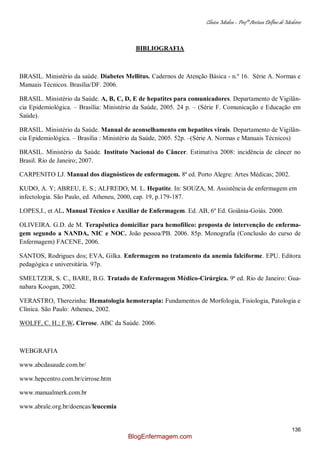 Clínica Médica – Profª Aretusa Delfino de Medeiros
136
BIBLIOGRAFIA
BRASIL. Ministério da saúde. Diabetes Mellitus. Cadernos de Atenção Básica - n.º 16. Série A. Normas e
Manuais Técnicos. Brasília/DF. 2006.
BRASIL. Ministério da Saúde. A, B, C, D, E de hepatites para comunicadores. Departamento de Vigilân-
cia Epidemiológica. – Brasília: Ministério da Saúde, 2005. 24 p. – (Série F. Comunicação e Educação em
Saúde).
BRASIL. Ministério da Saúde. Manual de aconselhamento em hepatites virais. Departamento de Vigilân-
cia Epidemiológica. – Brasília : Ministério da Saúde, 2005. 52p. –(Série A. Normas e Manuais Técnicos)
BRASIL. Ministério da Saúde. Instituto Nacional do Câncer. Estimativa 2008: incidência de câncer no
Brasil. Rio de Janeiro; 2007.
CARPENITO LJ. Manual dos diagnósticos de enfermagem. 8ª ed. Porto Alegre: Artes Médicas; 2002.
KUDO, A. Y; ABREU, E. S.; ALFREDO, M. L. Hepatite. In: SOUZA, M. Assistência de enfermagem em
infectologia. São Paulo, ed. Atheneu, 2000, cap. 19, p.179-187.
LOPES,I., et AL. Manual Técnico e Auxiliar de Enfermagem. Ed. AB, 6º Ed. Goiânia-Goiás. 2000.
OLIVEIRA. G.D. de M. Terapêutica domiciliar para hemofílico: proposta de intervenção de enferma-
gem segundo a NANDA, NIC e NOC. João pessoa/PB. 2006. 85p. Monografia (Conclusão do curso de
Enfermagem) FACENE, 2006.
SANTOS, Rodrigues dos; EVA, Gilka. Enfermagem no tratamento da anemia falciforme. EPU. Editora
pedagógica e universitária. 97p.
SMELTZER, S. C., BARE, B.G. Tratado de Enfermagem Médico-Cirúrgica. 9ª ed. Rio de Janeiro: Gua-
nabara Koogan, 2002.
VERASTRO, Therezinha: Hematologia hemoterapia: Fundamentos de Morfologia, Fisiologia, Patologia e
Clínica. São Paulo: Atheneu, 2002.
WOLFF, C. H.; F.W. Cirrose. ABC da Saúde. 2006.
WEBGRAFIA
www.abcdasaude.com.br/
www.hepcentro.com.br/cirrose.htm
www.manualmerk.com.br
www.abrale.org.br/doencas/leucemia
BlogEnfermagem.com
 