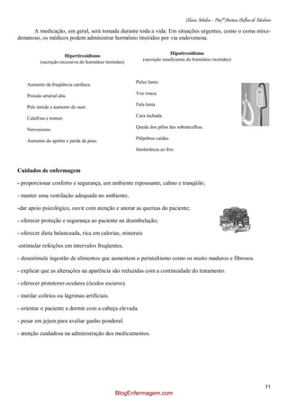 Clínica Médica – Profª Aretusa Delfino de Medeiros
71
A medicação, em geral, será tomada durante toda a vida. Em situações urgentes, como o coma mixe-
dematoso, os médicos podem administrar hormônio tireóideo por via endovenosa.
Cuidados de enfermagem
- proporcionar conforto e segurança, um ambiente repousante, calmo e tranqüilo;
- manter uma ventilação adequada no ambiente;
-dar apoio psicológico, ouvir com atenção e anotar as queixas do paciente;
- oferecer proteção e segurança ao paciente na deambulação;
- oferecer dieta balanceada, rica em calorias, minerais
-estimular refeições em intervalos freqüentes.
- desestimule ingestão de alimentos que aumentem o peristaltismo como os muito maduros e fibrosos.
- explicar que as alterações na aparência são reduzidas com a continuidade do tratamento.
- oferecer protetores oculares (óculos escuros).
- instilar colírios ou lágrimas artificiais.
- orientar o paciente a dormir com a cabeça elevada.
- pesar em jejum para avaliar ganho ponderal.
- atenção cuidadosa na administração dos medicamentos.
Hipertireoidismo
(secreção excessiva do hormônio tireóideo)
Aumento da freqüência cardíaca.
Pressão arterial alta.
Pele úmida e aumento do suor.
Calafrios e tremor.
Nervosismo.
Aumento do apetite e perda de peso.
Insônia.
Freqüentes movimentos do intestino e diarréia.
Fraqueza.
Elevação e espessamento da pele das espinhas da tíbia.
Olhos salientes e avermelhados.
Sensibilidade dos olhos à luz.
Olhar fixo.
Confusão.
Hipotireoidismo
(secreção insuficiente do hormônio tireóideo)
Pulso lento.
Voz rouca.
Fala lenta.
Cara inchada.
Queda dos pêlos das sobrancelhas.
Pálpebras caídas.
Intolerância ao frio.
Prisão de ventre.
Aumento de peso.
Cabelos ralos, grossos e secos.
Pele seca, áspera, escamosa e grossa; elevação e
espessamento da pele das espinhas da tíbia.
Síndrome do canal cárpico.
Confusão.
Depressão.
Demência
BlogEnfermagem.com
 