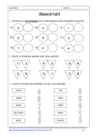 http://varaldeatividades.blogspot.com / Eleúzia Lins da Silva
1 - ESCREVA O SUCESSOR (QUE VEM DEPOIS) DOS NÚMEROS ABAIXO:
2 - PINTE O NÚMERO MAIOR EM CADA GRUPO:
3 – LIGUE O NOME DO NÚMERO AO SEU ALGARISMO
ALUNO:________________________________________ DATA:____/____/______
A-) B) C-
)
D-) E) F-)
G-) H) I-)
2 ___
_
4 ___
_
1 ___
_
5 ___
_
8 ___
_
0 ___
_
3 ___
_
6 ___
_
___
_
7
37 54 69
62 15 83
NOVE
ZERO
DOIS
QUATRO
SETE
UM
SEIS
TRÊS
OITO
CINCO
11
 
