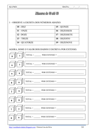 http://varaldeatividades.blogspot.com / Eleúzia Lins da Silva
1 – OBSERVE A ESCRITA DOS NÚMEROS ABAIXO:
AGORA, SOME O VALOR DOS DADOS E ESCREVA POR EXTENSO.
10 – DEZ 15 – QUINZE
11 – ONZE 16 – DEZESSEIS
12 - DOZE 17 – DEZESSETE
13 – TREZE 18 – DEZOITO
14 – QUATORZE 19 – DEZENOVE
ALUNO:________________________________________ DATA:____/____/______
8 7
TOTAL = _______ POR EXTENSO = ________________________
6 7 TOTAL = _______ POR EXTENSO = ________________________
9 9
TOTAL = _______ POR EXTENSO = ________________________
8 6
TOTAL = _______ POR EXTENSO = ________________________
2 9 TOTAL = _______ POR EXTENSO = ________________________
8 8
TOTAL = _______ POR EXTENSO = ________________________
7 3
TOTAL = _______ POR EXTENSO = ________________________
8 9 TOTAL = _______ POR EXTENSO = ________________________
14
 