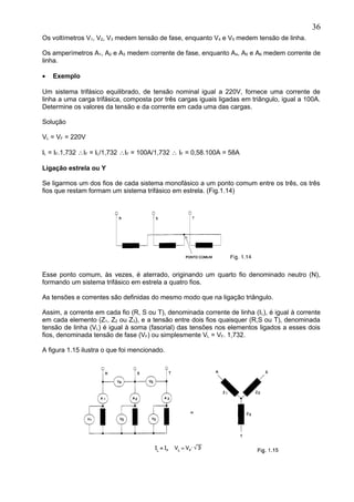Os voltímetros V1, V2, V3 medem tensão de fase, enquanto V4 e V5 medem tensão de linha.
Os amperímetros A1, A2 e A3 medem corrente de fase, enquanto A4, A5 e A6 medem corrente de
linha.
• Exemplo
Um sistema trifásico equilibrado, de tensão nominal igual a 220V, fornece uma corrente de
linha a uma carga trifásica, composta por três cargas iguais ligadas em triângulo, igual a 100A.
Determine os valores da tensão e da corrente em cada uma das cargas.
Solução
VL = VF = 220V
IL = IF.1,732 ∴IF = IL/1,732 ∴IF = 100A/1,732 ∴ IF = 0,58.100A = 58A
Ligação estrela ou Y
Se ligarmos um dos fios de cada sistema monofásico a um ponto comum entre os três, os três
fios que restam formam um sistema trifásico em estrela. (Fig.1.14)
Esse ponto comum, às vezes, é aterrado, originando um quarto fio denominado neutro (N),
formando um sistema trifásico em estrela a quatro fios.
As tensões e correntes são definidas do mesmo modo que na ligação triângulo.
Assim, a corrente em cada fio (R, S ou T), denominada corrente de linha (IL), é igual à corrente
em cada elemento (Z1, Z2 ou Z3), e a tensão entre dois fios quaisquer (R,S ou T), denominada
tensão de linha (VL) é igual à soma (fasorial) das tensões nos elementos ligados a esses dois
fios, denominada tensão de fase (VF) ou simplesmente VL = VF. 1,732.
A figura 1.15 ilustra o que foi mencionado.
36
 