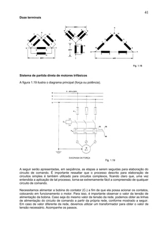 Doze terminais
Sistema de partida direta de motores trifásicos
A figura 1.19 ilustra o diagrama principal (força ou potência).
A seguir serão apresentadas, em seqüência, as etapas a serem seguidas para elaboração do
circuito de comando. É importante ressaltar que o processo descrito para elaboração de
circuitos simples é também utilizado para circuitos complexos, ficando claro que, uma vez
entendida a aplicação de tal processo, torna-se extremamente fácil a compreensão de qualquer
circuito de comando.
Necessitamos alimentar a bobina do contator (C1) a fim de que ela possa acionar os contatos,
colocando em funcionamento o motor. Para isso, é importante observar o valor da tensão de
alimentação da bobina. Caso seja do mesmo valor da tensão da rede, podemos obter as linhas
de alimentação do circuito de comando a partir da própria rede, conforme mostrado a seguir.
Em caso de valor diferente da rede, devemos utilizar um transformador para obter o valor de
tensão necessário. Acompanhe os passos.
41
 