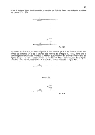 A partir de duas linhas de alimentação, protegidas por fusíveis, fazer a conexão dos terminais
da bobina. (Fig.1.20)
Podemos observar que, ao ser energizada a rede trifásica (R, S e T), teremos tensão nas
linhas de comando (R e S), e através dos fusíveis de proteção (e21 e e22) será feita a
alimentação instantânea da bobina (C1). A fim de que possamos ter controle sobre os atos de
ligar e desligar o motor, acrescentaremos ao circuito um botão de comando, com trava, ligado
em série com a bobina, desencadeando tais efeitos, como é mostrado na figura 1.21.
42
 