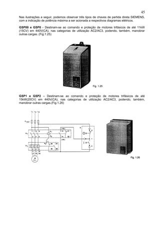 Nas ilustrações a seguir, podemos observar três tipos de chaves de partida direta SIEMENS,
com a indicação de potência máxima a ser acionada a respectivos diagramas elétricos.
GSP00 e GSP0 - Destinam-se ao comando e proteção de motores trifásicos de até 11kW
(15CV) em 440V(CA), nas categorias de utilização AC2/AC3, podendo, também, manobrar
outras cargas. (Fig.1.25)
GSP1 e GSP2 – Destinam-se ao comando e proteção de motores trifásicos de até
15kW(20CV) em 440V(CA), nas categorias de utilização AC2/AC3, podendo, também,
manobrar outras cargas.(Fig.1.26)
45
 