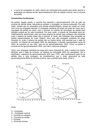 • a curva de conjugados do motor deverá ser suficientemente grande para poder garantir a
aceleração da máquina de até, aproximadamente, 95% da rotação nominal, com a corrente
de partida.
Característica fundamental
Na partida, ligação estrela, a corrente fica reduzida a aproximadamente 33% do valor da
corrente de partida direta, reduzindo-se também o conjugado na mesma proporção. Por esta
razão, sempre que for necessária uma partida estrela-triângulo, deverá ser usado um motor
com curva de conjugado elevado. O conjugado resistente da carga não pode ser maior que o
conjugado de partida do motor, nem a corrente no instante de comutação de estrela para
triângulo poderá ser de valor inaceitável. Por essa razão, o instante de comutação deve ser
criteriosamente determinado, para que esse sistema de partida seja vantajoso nas situações
onde o sistema de partida direta não é possível. À frente, são ilustradas duas situações de
partida estrela-triângulo de motor trifásico. Uma, com alto conjugado resistente de carga
(situação A), onde o sistema de partida não se mostra eficaz, pois perceba que o salto da
corrente, no instante da comutação (85% da velocidade), é elevado representando cerca de
320% de aumento no seu valor, que era de aproximadamente 100%. Como na partida a
corrente era de aproximadamente 190%, isso não é nenhuma vantagem.
Outra, com conjugado resistente de carga bem menor (situação B), onde o sistema se mostra
eficiente, pois o salto de corrente, no instante da comutação (95% da velocidade), não é
significativo, passando de aproximadamente 50% para 170%, valor praticamente igual ao da
partida. Isso é uma vantagem, se considerarmos que o motor absorveria da rede
aproximadamente 600% da corrente nominal, caso a partida fosse direta. (Graf.1).
Onde:
C – Conjugado
Cn – Conjugado nominal
I∆ - Corrente em triângulo
Iy – Corrente em estrela
I – Corrente
In – Corrente nominal
49
 