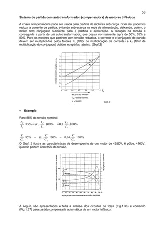 Sistema de partida com autotransformador (compensadora) de motores trifásicos
A chave compensadora pode ser usada para partida de motores sob carga. Com ela, podemos
reduzir a corrente de partida, evitando sobrecarga na rede de alimentação, deixando, porém, o
motor com conjugado suficiente para a partida e aceleração. A redução da tensão é
conseguida a partir de um autotransformador, que possui normalmente tap´s de 50%, 65% e
80%. Para os motores que partirem com tensão reduzida, a corrente e o conjugado de partida
devem ser multiplicados pelos fatores K, (fator de multiplicação da corrente) e k2 (fator de
multiplicação do conjugado) obtidos no gráfico abaixo. (Graf.2)
• Exemplo
Para 85% da tensão nominal:
O Gráf. 3 ilustra as características de desempenho de um motor de 425CV, 6 pólos, 4160V,
quando partem com 85% da tensão.
A seguir, são apresentados e feita a análise dos circuitos de força (Fig.1.36) e comando
(Fig.1.37) para partida compensada automática de um motor trifásico.
53
%100..8,0%100..%85. 1
n
P
n
P
n
P
I
I
I
I
K
I
I
==
%100..64,0%100..%85. 2
nnn C
C
C
C
K
C
C
==
 