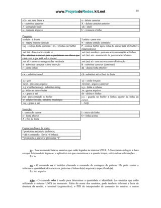 www.ProjetodeRedes.kit.net 10
xG - vai para linha x x - deleta caracter
r - substitui caracter X - deleta caracter anterior
:! - comando shell :sh - shell
u - restaura arquivo U - restaura a linha
Pesquisa:
/cadeia - à frente ?cadeia - para trás
n - repete mesmo sentido N - repete sentido contrário
xyy - coloca linha corrente + (x-1) linhas no buffer P - coloca buffer apos linha do cursor (até 26 buffer’s
endereçáveis)
:set list - lista variáveis do vi
% - desloca o cursor para o parênteses ou chave que
casa com a que está sob o cursor.
:set (no) number - com ou sem numeração se linhas
:set (no) sm - casamento de parenteses e chaves
:set all - mostra a setagem das variáveis :set (no) ai - com ou sem auto-identitação
S - substitui caracter e abre inserção R - substitui caracter (contínuo)
J - junta linhas dd - deleta linha (buffer)
cw - substitui word c$ - substitui até o final da linha
:q - quit :q! - saida forçada
:next - próximo arquivo :rewind - arquivo anterior
:x,y s/velho/novo/g - substitui string x,y - linha e coluna
g - todas as ocorrências :w - grava arquivo
:x - grava e sai dx - deleta x linhas
put - põe conteúdo no buffer
:e! edição forçada, aandona mudanças
y,x - guarda no buffer x linhas apartir da linha do
cursor.
:wq - grava e sai  - help
Inserção:
i - antes do cursor I - início da linha
o - linha abaixo O - linha acima
A - fim da linha
Copiar um bloco de texto:
* posiciona no início do bloco;
* dá o comando: 10yy (10 linhas);
* posiciona o cursor e pressiona “p”
w - Esse comando lista os usuários que estão logados no sistema UNIX. A lista mostra o login, a hora
em que foi o usuário logou-se, o aplicativo em que encontra-se e a quanto tempo, entre outras informações.
Ex: w
wc - O comando wc é também chamado o comando de contagem de palaras. Ele pode contar e
informar a quantidade de caracteres, palavras e linhas do(s) arquivo(s) especificado(s).
Ex: wc arquivo
who - O comando who é usado para determinar a quantidade e identidade dos usuários que estão
utilizando o sistema UNIX no momento. Além do nome dos usuários, pode tambem informar a hora de
abertura da sessão; o terminal (registro/dev); o PID do interpretador de comando do usuário; e outras
 
