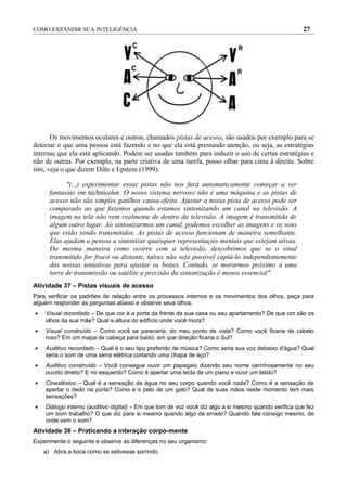 COMO EXPANDIR SUA INTELIGÊNCIA                                                                        27




       Os movimentos oculares e outros, chamados pistas de acesso, são usados por exemplo para se
detectar o que uma pessoa está fazendo e no que ela está prestando atenção, ou seja, as estratégias
internas que ela está aplicando. Podem ser usadas também para induzir o uso de certas estratégias e
não de outras. Por exemplo, na parte criativa de uma tarefa, posso olhar para cima à direita. Sobre
isto, veja o que dizem Dilts e Epstein (1999):

            "(...) experimentar essas pistas não nos fará automaticamente começar a ver
      fantasias em technicolor. O nosso sistema nervoso não é uma máquina e as pistas de
      acesso não são simples gatilhos causa-efeito. Ajustar a nossa pista de acesso pode ser
      comparado ao que fazemos quando estamos sintonizando um canal na televisão. A
      imagem na tela não vem realmente de dentro da televisão. A imagem é transmitida de
      algum outro lugar. Ao sintonizarmos um canal, podemos escolher as imagens e os sons
      que estão sendo transmitidos. As pistas de acesso funcionam de maneira semelhante.
      Elas ajudam a pessoa a sintonizar quaisquer representações mentais que estejam ativas.
      Da mesma maneira como ocorre com a televisão, descobrimos que se o sinal
      transmitido for fraco ou distante, talvez não seja possível captá-lo independentemente
      das nossas tentativas para ajustar os botões. Contudo, se morarmos próximo a uma
      torre de transmissão ou satélite a precisão da sintonização é menos essencial"
Atividade 37 – Pistas visuais de acesso
Para verificar os padrões de relação entre os processos internos e os movimentos dos olhos, peça para
alguém responder às perguntas abaixo e observe seus olhos.
•   Visual recordado – De que cor é a porta da frente da sua casa ou seu apartamento? De que cor são os
    olhos da sua mãe? Qual a altura do edifício onde você mora?
•   Visual construído – Como você se pareceria, do meu ponto de vista? Como você ficaria de cabelo
    roxo? Em um mapa de cabeça para baixo, em que direção ficaria o Sul?
•   Auditivo recordado – Qual é o seu tipo preferido de música? Como seria sua voz debaixo d'água? Qual
    seria o som de uma serra elétrica cortando uma chapa de aço?
•   Auditivo construído – Você consegue ouvir um papagaio dizendo seu nome carinhosamente no seu
    ouvido direito? E no esquerdo? Como é apertar uma tecla de um piano e ouvir um latido?
•   Cinestésico – Qual é a sensação da água no seu corpo quando você nada? Como é a sensação de
    apertar o dedo na porta? Como é o pelo de um gato? Qual de suas mãos neste momento tem mais
    sensações?
•   Diálogo interno (auditivo digital) – Em que tom de voz você diz algo a si mesmo quando verifica que fez
    um bom trabalho? O que diz para si mesmo quando algo dá errado? Quando fala consigo mesmo, de
    onde vem o som?
Atividade 38 – Praticando a interação corpo-mente
Experimente o seguinte e observe as diferenças no seu organismo:
    a) Abra a boca como se estivesse sorrindo.
 