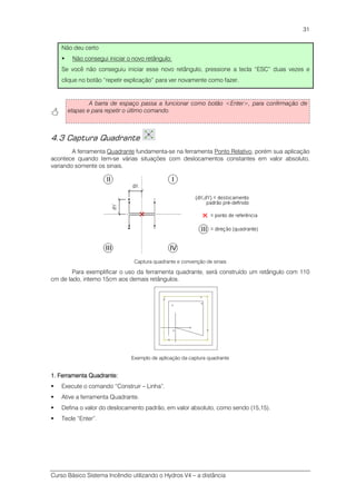 Curso Básico Sistema Incêndio utilizando o Hydros V4 – a distância
31
Não deu certo
Não consegui iniciar o novo retângulo:
Se você não conseguiu iniciar esse novo retângulo, pressione a tecla “ESC” duas vezes e
clique no botão “repetir explicação” para ver novamente como fazer.
A barra de espaço passa a funcionar como botão <Enter>, para confirmação de
etapas e para repetir o último comando.
4.3 Captura Quadrante
A ferramenta Quadrante fundamenta-se na ferramenta Ponto Relativo, porém sua aplicação
acontece quando tem-se várias situações com deslocamentos constantes em valor absoluto,
variando somente os sinais.
Captura quadrante e convenção de sinais
Para exemplificar o uso da ferramenta quadrante, será construído um retângulo com 110
cm de lado, interno 15cm aos demais retângulos.
Exemplo de aplicação da captura quadrante
1.1.1.1. Ferramenta Quadrante:Ferramenta Quadrante:Ferramenta Quadrante:Ferramenta Quadrante:
Execute o comando “Construir – Linha”.
Ative a ferramenta Quadrante.
Defina o valor do deslocamento padrão, em valor absoluto, como sendo (15,15).
Tecle “Enter”.
 