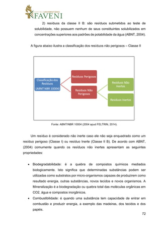 72
2) resíduos da classe II B: são resíduos submetidos ao teste de
solubilidade, não possuem nenhum de seus constituintes solubilizados em
concentrações superiores aos padrões de potabilidade da água (ABNT, 2004).
A figura abaixo ilustra a classificação dos resíduos não perigosos – Classe II
Fonte: ABNT/NBR 10004 (2004 apud FELTRIN, 2014).
Um resíduo é considerado não inerte caso ele não seja enquadrado como um
resíduo perigoso (Classe I) ou resíduo Inerte (Classe II B). De acordo com ABNT,
(2004) comumente quando os resíduos não inertes apresentam as seguintes
propriedades:
 Biodegradabilidade: é a quebra de compostos químicos mediados
biologicamente. Isto significa que determinadas substâncias podem ser
utilizadas como substratos por micro-organismos capazes de produzirem como
resultado energia, outras substâncias, novos tecidos e novos organismos. A
Mineralização é a biodegradação ou quebra total das moléculas orgânicas em
CO2, água e compostos inorgânicos.
 Combustibilidade: é quando uma substância tem capacidade de entrar em
combustão e produzir energia, a exemplo das madeiras, dos tecidos e dos
papéis.
 