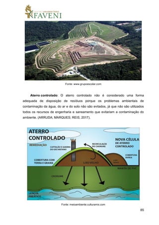 85
Fonte: www.grupoescolar.com
Aterro controlado: O aterro controlado não é considerado uma forma
adequada de disposição de resíduos porque os problemas ambientais de
contaminação da água, do ar e do solo não são evitados, já que não são utilizados
todos os recursos de engenharia e saneamento que evitariam a contaminação do
ambiente. (ARRUDA; MARQUES; REIS, 2017).
Fonte: meioambiente.culturamix.com
 