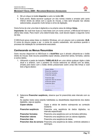 CONSTRUTORA OAS LTD.
GERÊNCIA DE TECNOLOGIA DA INFORMAÇÃO

MICROSOFT EXCEL 2000 – RECURSOS BÁSICOS E AVANÇADOS

     3. Dê um clique no botão Importar e outro no botão OK.
     4. Está pronto. Basta escrever qualquer um dos nomes criados e arrastar pelo canto
        inferior direito da célula com a ajuda do mouse, a lista será lançada nas células
        selecionadas, poupando muito tempo e erros de digitação.

Outra forma de criar uma lista é digitando-a na própria caixa de diálogo listas.
Importante: Se você tiver duas ou mais listas com um nome comum, o MS-Excel irá trazer a
última lista criada. Para inserir uma determinada lista, você deverá digitar o segundo nome
da lista.

O MS-Excel grava estas listas no diretório Windows, em um arquivo com a extensão .XLB.
O nome do arquivo passa a ser o nome do usuário cadastrado, isto acontece quando o
processo de instalação foi corretamente executado.


Conhecendo os Menus Resumidos
Outro recurso disponível no MS-Excel é o AutoFiltro que é ativado utilizando-se o botão
direito do mouse. Este recurso possibilita copiar células, preencher séries, formatos, valores
e outros dados.
    1. Utilizando a pasta de trabalho TABELAS.XLS em uma célula qualquer digite a data
        atual e a anterior, com o ponteiro do mouse selecione as células com as datas,
        arraste para baixo com o botão direito pressionado sobre umas três linhas e você
        terá a figura abaixo:




     2. Selecione Preencher seqüência¸ observe que foi preenchido este intervalo com os
        dias.
        As opções nesta caixa estarão habilitadas ou desabilitadas dependendo dos dados
        digitados, veja as opções:
        Copiar células             Copia a célula de destino sobrepondo ao conteúdo
                                   existente.
        Preencher seqüência        Preenche uma seqüência de dados digitados, no
                                   intervalo especificado.
        Preencher formatos         Preenche uma seqüência com os formatos definidos.
        Preencher valores          Preenche uma seqüência com os valores digitados.
        Preencher dias             Preenche uma seqüência de datas.
        Preencher dias da semana Preenche uma seqüência de datas, omitindo sábados e
                                   domingos.




                                                                                      Pág. 11
 