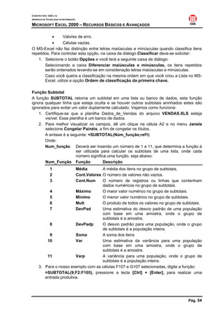 CONSTRUTORA OAS LTD.
GERÊNCIA DE TECNOLOGIA DA INFORMAÇÃO

MICROSOFT EXCEL 2000 – RECURSOS BÁSICOS E AVANÇADOS

           •      Valores de erro.
           •      Células vazias.
O MS-Excel não faz distinção entre letras maiúsculas e minúsculas quando classifica itens
repetidos. Para controlar esta opção, na caixa de diálogo Classificar deve-se solicitar:
   1. Selecione o botão Opções e você terá a seguinte caixa de diálogo:
       Selecionando a caixa Diferenciar maiúsculas e minúsculas, os itens repetidos
       serão ordenados levando-se em consideração letras maiúsculas e minúsculas.
       Caso você queira a classificação na mesma ordem em que você criou a Lista no MS-
       Excel, utilize a opção Ordem de classificação da primeira chave.

Função Subtotal
A função SUBTOTAL retorna um subtotal em uma lista ou banco de dados, esta função
ignora qualquer linha que esteja oculta e se houver outros subtotais aninhados estes são
ignorados para evitar um valor duplamente calculado. Vejamos como funciona:
    1. Certifique-se que a planilha Dados_de_Vendas do arquivo VENDAS.XLS esteja
       visível. Essa planilha é um banco de dados.
    2. Para melhor visualizar os campos, dê um clique na célula A2 e no menu Janela
       selecione Congelar Painéis, a fim de congelar os títulos.
       A sintaxe é a seguinte: =SUBTOTAL(Núm_função;ref1)
       Onde:
       Num_função Deverá ser inserido um número de 1 a 11, que determina a função à
                        ser utilizada para calcular os subtotais de uma lista, onde cada
                        número significa uma função, seja abaixo:
       Num_Função Função               Descrição
              1         Média        A média dos itens no grupo de subtotais.
              2         Cont.Valores O número de valores não vazios.
              3         Cont.Num     O número de registros ou linhas que contenham
                                     dados numéricos no grupo de subtotais.
          4             Máximo       O maior valor numérico no grupo de subtotais.
          5             Mínimo       O menor valor numérico no grupo de subtotais.
          6             Mult         O produto de todos os valores no grupo de subtotais.
          7             DevPad       Uma estimativa do desvio padrão de uma população
                                     com base em uma amostra, onde o grupo de
                                     subtotais é a amostra.
          8             DevPadp      O desvio padrão para uma população, onde o grupo
                                     de subtotais é a população inteira.
          9             Soma         A soma dos itens
         10             Var          Uma estimativa da variância para uma população
                                     com base em uma amostra, onde o grupo de
                                     subtotais é a amostra.
         11             Varp         A variância para uma população, onde o grupo de
                                     subtotais é a população inteira.
     3. Para o nosso exemplo com as células F107 e G107 selecionadas, digite a função:
        =SUBTOTAL(9;F2:F105), pressione a tecla [Ctrl] + [Enter], para realizar uma
        entrada produtiva.




                                                                                  Pág. 54
 