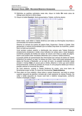 CONSTRUTORA OAS LTD.
GERÊNCIA DE TECNOLOGIA DA INFORMAÇÃO

MICROSOFT EXCEL 2000 – RECURSOS BÁSICOS E AVANÇADOS

     12. Definidos os padrões solicitados nesta tela, clique no botão Ok nesta caixa de
         diálogo para retornar à última etapa.
     13. Clique no botão Concluir. Será apresentada a Tabela, conforme abaixo:




         Deste modo, você obtém a Tabela dinâmica com todas as informações resumidas e
         concentradas da maneira solicitada.
         Observe os campos de quebra de página Data, Supervisor, Cliente e Cidade. Eles
         apresentam a mesma funcionalidade que os botões drop-down do AutoFiltro, podem
         fazer os teste que quiserem.
         Você também poderá redefinir a distribuição dos campos pela Tabela Dinâmica
         simplesmente arrastando o botão cinza indicativo do campo para o local desejado,
         invertendo posições de botões de campo de coluna com linha ou então de página.
         Assim você poderá obter resultados diferentes com a mesma Tabela Dinâmica.
         A posição padrão de apresentação das informações dos campos de dados da Tabela
         Dinâmica é na vertical, ou seja, um abaixo do outro. Caso você queira apresentar os
         dados de Previsto e Realizado, um ao lado do outro, na posição horizontal, basta
         arrastar o Campo Data um pouco para a direita. Observe o ícone que será exibido
         temporariamente, à direita do ponteiro do mouse. É uma pequena tabela que indica a
         posição vertical ou horizontal dos dados.
         Se você observou, quando a Tabela Dinâmica foi criada, uma nova barra de
         ferramentas surgiu na tela. É a barra de Ferramentas Tabela dinâmica.
     14. Para obter um novo relatório, clique sobre o campo Supervisor, que está no campo
         superior esquerdo da planilha e arraste até o lado esquerdo do campo Produto. Ao
         soltar o botão esquerdo do mouse você terá o relatório reorganizado, conforme
         mostra a ilustração a seguir:




                                                                                    Pág. 64
 