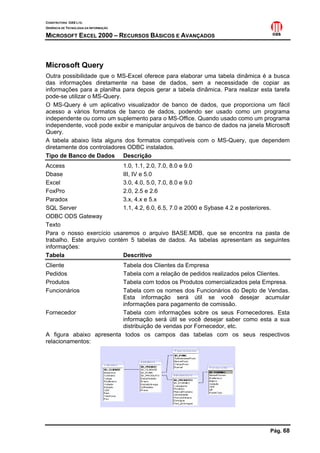 CONSTRUTORA OAS LTD.
GERÊNCIA DE TECNOLOGIA DA INFORMAÇÃO

MICROSOFT EXCEL 2000 – RECURSOS BÁSICOS E AVANÇADOS



Microsoft Query
Outra possibilidade que o MS-Excel oferece para elaborar uma tabela dinâmica é a busca
das informações diretamente na base de dados, sem a necessidade de copiar as
informações para a planilha para depois gerar a tabela dinâmica. Para realizar esta tarefa
pode-se utilizar o MS-Query.
O MS-Query é um aplicativo visualizador de banco de dados, que proporciona um fácil
acesso a vários formatos de banco de dados, podendo ser usado como um programa
independente ou como um suplemento para o MS-Office. Quando usado como um programa
independente, você pode exibir e manipular arquivos de banco de dados na janela Microsoft
Query.
A tabela abaixo lista alguns dos formatos compatíveis com o MS-Query, que dependem
diretamente dos controladores ODBC instalados.
Tipo de Banco de Dados Descrição
Access                      1.0, 1.1, 2.0, 7.0, 8.0 e 9.0
Dbase                       III, IV e 5.0
Excel                       3.0, 4.0, 5.0, 7.0, 8.0 e 9.0
FoxPro                      2.0, 2.5 e 2.6
Paradox                     3.x, 4.x e 5.x
SQL Server                  1.1, 4.2, 6.0, 6.5, 7.0 e 2000 e Sybase 4.2 e posteriores.
ODBC ODS Gateway
Texto
Para o nosso exercício usaremos o arquivo BASE.MDB, que se encontra na pasta de
trabalho. Este arquivo contém 5 tabelas de dados. As tabelas apresentam as seguintes
informações:
Tabela                      Descritivo
Cliente                  Tabela dos Clientes da Empresa
Pedidos                  Tabela com a relação de pedidos realizados pelos Clientes.
Produtos                 Tabela com todos os Produtos comercializados pela Empresa.
Funcionários             Tabela com os nomes dos Funcionários do Depto de Vendas.
                         Esta informação será útil se você desejar acumular
                         informações para pagamento de comissão.
Fornecedor               Tabela com informações sobre os seus Fornecedores. Esta
                         informação será útil se você desejar saber como esta a sua
                         distribuição de vendas por Fornecedor, etc.
A figura abaixo apresenta todos os campos das tabelas com os seus respectivos
relacionamentos:




                                                                                  Pág. 68
 
