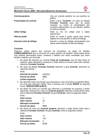 CONSTRUTORA OAS LTD.
GERÊNCIA DE TECNOLOGIA DA INFORMAÇÃO
MICROSOFT EXCEL 2000 – RECURSOS BÁSICOS E AVANÇADOS
Pág. 43
Controle giratório Cria um controle giratório na sua planilha ou
gráfico.
Propriedades de controle Exibe a guia “Controle” na caixa de diálogo
Formatar Controle para que se possa
visualizar ou mudar as propriedades dos
controles selecionados na sua planilha, gráfico
ou folha de diálogo.
Editar Código Edita ou cria um código para o objeto
selecionado.
Alternar grade Exibe ou oculta a grade usada para alinhar
objetos em uma planilha ou folha de diálogo.
Executar caixa de diálogo Executa a caixa de diálogo personalizada que
estiver sendo editada na folha de diálogo.
Controles
Podemos utilizar alguns dos recursos de formulários na pasta de trabalho
FORMULARIOS.XLS que se encontra em nosso diretório de trabalho. Nesta pasta temos
uma planilha denominada Apoio, contendo 3 tabelas com áreas nomeadas que visam
facilitar o trabalho com fórmulas.
1. Na célula B2 desenhe um controle Caixa de combinação, que irá listar todos os
produtos. Após desenhá-lo, pressione o botão direito do mouse sobre este controle,
selecione Formatar Controle.
2. Na caixa de diálogo Formatar Controle selecione a guia Controle, atribuindo os
seguintes valores.
Onde:
Intervalo de entrada produtos
Vinculo da célula $B$2
Linhas suspensas 4
3. Na célula B3 insira uma função que pesquisará o valor do produto na planilha Apoio,
em uma área chamada Tabela. Para o exemplo use a função INDICE da seguinte
forma: =ÍNDICE(TABELA;B2;2).
4. Na célula C4 insira um controle que informará a quantidade de produtos a serem
adquiridos. Desta forma, insira um Controle giratório utilizando o botão direito sobre
este e selecione Formatar Controle. Na guia Controle, insira os seguintes dados.
Onde:
Valor mínimo 1
Valor máximo 30
Alteração incremental 1
Vínculo da célula $B$4
5. Na célula C6 insira um Controle giratório utilizando o botão direito sobre este e
selecione Formatar Controle. Na guia Controle, insira os seguintes valores.
Onde:
Valor mínimo 10
Valor máximo 100
Alteração incremental 5
Vínculo da célula $C$6
 