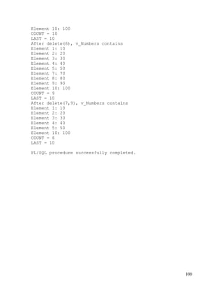 Element 10: 100
COUNT = 10
LAST = 10
After delete(6), v_Numbers contains
Element 1: 10
Element 2: 20
Element 3: 30
Element 4: 40
Element 5: 50
Element 7: 70
Element 8: 80
Element 9: 90
Element 10: 100
COUNT = 9
LAST = 10
After delete(7,9), v_Numbers contains
Element 1: 10
Element 2: 20
Element 3: 30
Element 4: 40
Element 5: 50
Element 10: 100
COUNT = 6
LAST = 10

PL/SQL procedure successfully completed.




                                           100
 