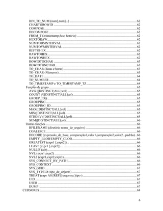 BIN_TO_NUM (num[,num]...) ....................................................................................62
   CHARTOROWID ........................................................................................................62
   COMPOSE....................................................................................................................62
   DECOMPOSE ..............................................................................................................62
   FROM_TZ (timestamp,fuso horário) ...........................................................................62
   HEXTORAW................................................................................................................62
   NUMTODSINTERVAL...............................................................................................62
   NUMTOYMINTERVAL .............................................................................................62
   REFTOHEX..................................................................................................................62
   RAWTOHEX................................................................................................................62
   RAWTONHEX.............................................................................................................62
   ROWIDTOCHAR ........................................................................................................63
   ROWIDTONCHAR......................................................................................................63
   TO_CHAR (datas e horas)............................................................................................63
   TO_CHAR (Números)..................................................................................................63
   TO_DATE ....................................................................................................................64
   TO_NUMBER ..............................................................................................................64
   TO_TIMESTAMP e TO_TIMESTAMP_TZ ...............................................................64
 Funções de grupo ..............................................................................................................65
   AVG ([DISTINCT|ALL] col).......................................................................................65
   COUNT (*|[DISTINCT|ALL]col)................................................................................65
   GROUP_ID() ................................................................................................................65
   GROUPING..................................................................................................................65
   GROUPING_ID............................................................................................................65
   MAX([DISTINCT|ALL]col) ........................................................................................65
   MIN([DISTINCT|ALL]col)..........................................................................................65
   STDDEV ([DISTINCT|ALL]col).................................................................................65
   SUM([DISTINCT|ALL]col).........................................................................................66
 Outras funções ..................................................................................................................66
   BFILENAME (diretório nome_de_arquivo) ................................................................66
   COALESCE..................................................................................................................66
   DECODE (expressão_de_base, comparação1,valor1,comparação2,valor2...padrão) ..66
   EMPTY_BLOB/EMPTY_CLOB .................................................................................66
   GREATEST (expr1 [,expr2])... ....................................................................................66
   LEAST (expr1 [,expr2])… ...........................................................................................66
   NULLIF (a,b)................................................................................................................66
   NVL (expr1,expr2) .......................................................................................................66
   NVL2 (expr1,expr2,expr3) ...........................................................................................66
   SYS_CONNECT_BY_PATH ......................................................................................66
   SYS_CONTEXT ..........................................................................................................66
   SYS_GUID ...................................................................................................................67
   SYS_TYPEID (tipo_de_objecto) .................................................................................67
   TREAT (expr AS [REF] [esquema.]tipo )....................................................................67
   UID ...............................................................................................................................67
   USER ............................................................................................................................67
   DUMP ...........................................................................................................................67
CURSORES..........................................................................................................................68


                                                                                                                                      6
 