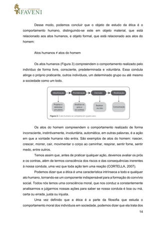 14
Desse modo, podemos concluir que o objeto de estudo da ética é o
comportamento humano, distinguindo-se este em objeto material, que está
relacionado aos atos humanos, e objeto formal, que está relacionado aos atos do
homem:
Atos humanos ≠ atos do homem
Os atos humanos (Figura 3) compreendem o comportamento realizado pelo
indivíduo de forma livre, consciente, predeterminada e voluntária. Essa conduta
atinge o próprio praticante, outros indivíduos, um determinado grupo ou até mesmo
a sociedade como um todo.
Os atos do homem compreendem o comportamento realizado de forma
inconsciente, instintivamente, involuntária, automática, em outras palavras, é a ação
em que a vontade humana não entra. São exemplos de atos do homem: nascer,
crescer, morrer, cair, movimentar o corpo ao caminhar, respirar, sentir fome, sentir
medo, entre outros.
Temos assim que, antes de praticar qualquer ação, devemos avaliar os prós
e os contras, além de termos consciência dos riscos e das consequências inerentes
à nossa conduta, uma vez que toda ação tem uma reação (CORTELLA, 2007).
Podemos dizer que a ética é uma característica intrínseca a todo e qualquer
ato humano, tornando-se um componente indispensável para a formação do convívio
social. Todos nós temos uma consciência moral, que nos conduz a constantemente
analisarmos e julgarmos nossas ações para saber se nossa conduta é boa ou má,
certa ou errada, justa ou injusta.
Uma vez definido que a ética é a parte da filosofia que estuda o
comportamento moral dos indivíduos em sociedade, podemos dizer que ela trata dos
 