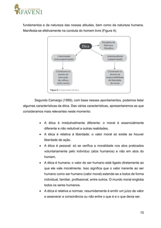15
fundamentos e da natureza das nossas atitudes, bem como da natureza humana.
Manifesta-se efetivamente na conduta do homem livre (Figura 4).
Segundo Camargo (1999), com base nesses apontamentos, podemos listar
algumas características da ética. Das várias características, apresentaremos as que
consideramos mais relevantes neste momento:
 A ética é irredutivelmente diferente: o moral é essencialmente
diferente e não redutível a outras realidades.
 A ética é relativa à liberdade: o valor moral só existe se houver
liberdade de ação.
 A ética é pessoal: só se verifica a moralidade nos atos praticados
voluntariamente pelo indivíduo (atos humanos) e não em atos do
homem.
 A ética é humana: o valor do ser humano está ligado diretamente ao
que ele vale moralmente. Isso significa que o valor inerente ao ser
humano como ser humano (valor moral) estende-se a todos de forma
individual, familiar, profissional, entre outros. O mundo moral engloba
todos os seres humanos.
 A ética é relativa a normas: resumidamente é emitir um juízo de valor
e asseverar a consonância ou não entre o que é e o que devia ser.
 