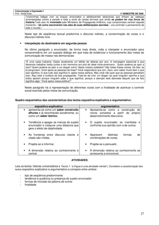 Comunicação e Expressão I
Prof.: Neide Elias 1º SEMESTRE DE 2008
27
“criancinhas belgas com os braços arrancados e adolescentes alsacianas que tinham as cabeças
arremessadas contra a parede e toda a sorte de coisas terríveis que ainda se podem ler nos livros de
história.Tudo isso foi inventado pelo Ministério de Propaganda britânico, cujo compromisso central naquele
momento – tal como escreveram nas atas de suas deliberações secretas – era controlar o pensamento de
todo o mundo.”
Neste tipo de seqüência textual predomina o discurso indireto, a contaminação de vozes e o
discurso indireto livre.
• interpelação do destinatário em segunda pessoa
No último parágrafo o enunciador, de forma mais direta, volta a interpelar o enunciador para
comprometê-lo em um suposto diálogo em que trata de evidenciar o funcionamento dos meios de
comunicação de massa nas democracias:
“É uma vasta indústria. Gasta atualmente um bilhão de dólares por ano. A mensagem essencial é que
devemos trabalhar todos juntos e em harmonia em prol do ideal norte-americano . Quem poderia se opor a
isso? Quem poderia se opor a um slogan como “Apóie nossos soldados? São todas frases vazias. De fato, se
te perguntam: Você apóia as pessoas de Iowa? Você responderia que sim, claro, sem saber muito bem o que
isso significa. O que tudo isso significa é: apóie nossa política. Mas você não quer que as pessoas percebam
isso. Aqui está a sutileza da boa propaganda. Trata-se de criar um slogan ao qual ninguém oponha e que
todos apóiam porque ninguém sabe o que significa, porque a atenção está desviada daquilo que de fato
significa algo: “Você apóia nossa política?”
Neste parágrafo há a representação de diferentes vozes com a finalidade de acentuar o controle
social exercido pelos meios de comunicação.
Quadro esquemático das características dos textos expositivo-explicativo e argumentativo:
expositivo-explicativo argumentativo
• apresenta-se como um saber construído
alhures e já reconhecido socialmente, ou
como um saber teórico.
• Tendência a apagar as marcas do sujeito
enunciador e instaurar uma distancia que
gere o efeito de objetividade.
• As fronteiras entre discurso citante e
citado são nítidas.
• Propõe-se a informar.
• A dimensão relativa ao conhecimento é
central.
• Apresenta-se como a construção de
novos conceitos a partir do próprio
desenvolvimento discursivo.
• O sujeito enunciador se manifesta e
confronta sua opinião com a de outros.
• Aparecem distintas formas de
combinações de vozes.
• Propõe-se a persuadir.
• À dimensão relativa ao conhecimento se
acrescenta a emocional.
ATIVIDADES
Leia os textos Valores universitários e Teoria 1: “a língua é uma atividade mental”). Considere a caracterização dos
textos expositivo-explicativo e argumentativo e compare entre ambos:
- tipo de seqüência predominante
- tendência à ausência ou presença do sujeito enunciador
- formas de inclusão da palavra de outros
- finalidade
 