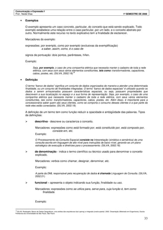 Comunicação e Expressão I
Prof.: Neide Elias 1º SEMESTRE DE 2008
33
• Exemplos
O exemplo apresenta um caso concreto, particular, do conceito que está sendo explicado. Todo
exemplo estabelece uma relação entre o caso particular, por um lado, e o conceito abstrato por
outro. Normalmente este recurso no texto explicativo tem a finalidade de esclarecer.
Marcadores do exemplo:
expressões: por exemplo, como por exemplo (exclusivas da exemplificação)
a saber, assim, como, é o caso de
signos de pontuação: dois pontos, parênteses, hífen.
Exemplo:
Seja, por exemplo, o caso de uma companhia elétrica que necessita manter o cadastro de toda a rede
elétrica, com seus com seus vários elementos constituintes, tais como: transformadores, capacitores,
cabos, postes, etc. (SILVA, 2002:18)
18
• Definição
O termo “banco de dados” significa um conjunto de dados organizados de maneira a atender uma determinada
finalidade, ou um conjunto de finalidades integradas. O termo “banco de dados espaciais” é utilizado quando os
dados a serem armazenados possuem características espaciais, ou seja, possuem propriedades que
descrevem a sua localização no espaço e a sua forma de representação. Seja, por exemplo, o caso de uma
companhia elétrica que necessita manter o cadastro de toda a rede elétrica, com seus vários elementos
constituintes, tais como: transformadores, capacitores, cabos, postes, etc. Além disso, é importante para a
concessionária saber quem são seus clientes, como se comporta o consumo desses clientes e a que parte da
rede eles estão conectados. (SILVA, 2002:18)
A definição de um termo tem como função reduzir a opacidade e ambigüidade das palavras. Tipos
de definições:
descritiva - descreve ou caracteriza o conceito.
Marcadores: expressões como está formado por, está constituído por, está composto por,
consiste em, etc.
Exemplo:
O Processamento da Consulta Espacial consiste na interpretação (sintática e semântica) de uma
consulta escrita em linguagem de alto nível para instruções de baixo nível, gerando-se um plano
estratégico de execução e diretrizes para o processamento. (SILVA, 2002:18)
de denominação - indica o termo científico ou técnico usado para denominar o conceito
explicado.
Marcadores: verbos como chamar, designar, denominar, etc.
Exemplo:
A parte da DML responsável pela recuperação de dados é chamada Linguagem de Consulta. (SILVA,
2002:21)
funcional – apresenta o objeto indicando sua função, finalidade ou uso.
Marcadores: expressões como se utiliza para, serve para, cuja função é, tem como
finalidade.
Exemplo:
18
SILVA, Rosângela. Banco de Dados Geográficos: uma análise das arquiteturas dual (spring) e integrada (oracle spatial). 2002. Dissertação (Mestrado em Engenharia), Escola
Politécnica da Universidade de São Paulo, São Paulo
 