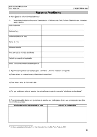 Comunicação e Expressão I
Prof.: Neide Elias 1º SEMESTRE DE 2008
46
Resenha Acadêmica
I. Plano global de uma resenha acadêmica.19
1. Antes de ler integralmente o texto Trabalhadores e Cidadãos, de Paulo Roberto Ribeiro Fontes, complete o
quadro abaixo.
Livro resenhado
Autor do livro
Contextualização do livro
Tema do livro
Autor da resenha
Área em que se insere o resenhista
Veículo em que ela foi publicada
Livros citados nas referências bibliográficas
2. A partir das respostas que você deu para a atividade 1, levante hipóteses e responda:
a) Quais seriam as características profissionais do resenhista?
________________________________________________________________________________________
b) Qual seria o tema do livro resenhado?
________________________________________________________________________________________
c) Por que será que o autor da resenha cita outros livros no que ele chama de “referências bibliográficas”?
________________________________________________________________________________________
3. Preencha o quadro abaixo com os trechos da resenha que você acabou de ler, que correspondam aos dois
movimentos sugeridos.
Trechos descritivos/resumidores da obra Trechos de comentários
19
Atividades adaptadas de Machado, Anna Rachel (coord.). Resenha. São Paulo, Parábola, 2004.
 
