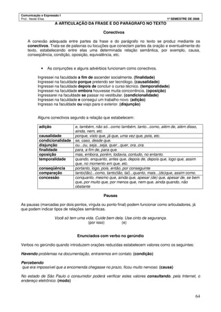 Comunicação e Expressão I
Prof.: Neide Elias 1º SEMESTRE DE 2008
64
A ARTICULAÇÃO DA FRASE E DO PARÁGRAFO NO TEXTO
Conectivos
A conexão adequada entre partes da frase e do parágrafo no texto se produz mediante os
conectivos. Trata-se de palavras ou locuções que conectam partes da oração e eventualmente do
texto, estabelecendo entre elas uma determinada relação semântica, por exemplo, causa,
conseqüência, condição, oposição, equivalência, etc.
• As conjunções e alguns advérbios funcionam como conectivos.
Ingressei na faculdade a fim de ascender socialmente. (finalidade)
Ingressei na faculdade porque pretendo ser tecnólogo. (causalidade)
Ingressei na faculdade depois de concluir o curso técnico. (temporalidade)
Ingressei na faculdade embora houvesse muita concorrência. (oposição)
Ingressarei na faculdade se passar no vestibular. (condicionalidade)
Ingressei na faculdade e consegui um trabalho novo. (adição)
Ingresso na faculdade ou viajo para o exterior. (disjunção)
Alguns conectivos segundo a relação que estabelecem:
adição e, também, não só...como também, tanto...como, além de, além disso,
ainda, nem, etc.
causalidade porque, visto que, já que, uma vez que, pois, etc.
condicionalidade se, caso, desde que.
disjunção ou...ou, seja...seja, quer...quer, ora..ora.
finalidade para, a fim de, para que.
oposição mas, embora, porém, todavia, contudo, no entanto.
temporalidade quando, enquanto, antes que, depois de, depois que, logo que, assim
que, no momento em que, etc.
conseqüência portanto, logo, pois, então, por conseguinte
comparação tanto(tão)...como, tanto(tão, tal)...quanto, mais...(do)que, assim como.
concessão conquanto, mesmo que, ainda que, apesar (de) que, apesar de, se bem
que, por muito que, por menos que, nem que, ainda quando, não
obstante
Pausas
As pausas (marcadas por dois pontos, vírgula ou ponto final) podem funcionar como articuladores, já
que podem indicar tipos de relações semânticas.
Você só tem uma vida. Cuide bem dela. Use cinto de segurança.
(por isso) (e)
Enunciados com verbo no gerúndio
Verbos no gerúndio quando introduzem orações reduzidas estabelecem valores como os seguintes:
Havendo problemas na documentação, entraremos em contato. (condição)
Percebendo
que era impossível que a encomenda chegasse no prazo, ficou muito nervoso. (causa)
No estado de São Paulo o consumidor poderá verificar estes valores consultando, pela Internet, o
endereço eletrônico. (modo)
 