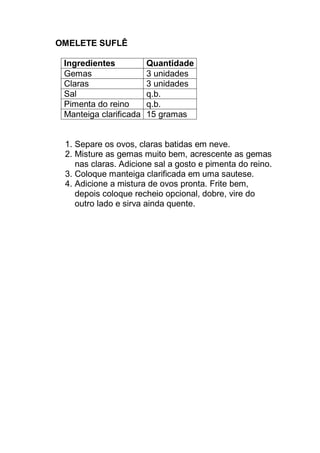 OMELETE SUFLÊ
Ingredientes Quantidade
Gemas 3 unidades
Claras 3 unidades
Sal q.b.
Pimenta do reino q.b.
Manteiga clarificada 15 gramas
1. Separe os ovos, claras batidas em neve.
2. Misture as gemas muito bem, acrescente as gemas
nas claras. Adicione sal a gosto e pimenta do reino.
3. Coloque manteiga clarificada em uma sautese.
4. Adicione a mistura de ovos pronta. Frite bem,
depois coloque recheio opcional, dobre, vire do
outro lado e sirva ainda quente.
 