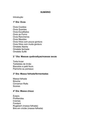 SUMÁRIO
Introdução
1° Dia: Ovos
Ovos Cozidos
Ovos Quentes
Ovos Escalfados
Ovos ao Forno
Ovos Rancheiros
Ovos Mexidos
Ovos fritos com pouca gordura
Ovos fritos com muita gordura
Omelete Aberta
Omelete fechada
Omelete Suflê
2 ° Dia: Massas quebradiças/massas secas
Torta linzer
Tarteletes de limão
Biscoitos e petit fours
Flamiche au poireaux
3° Dia: Massa folhada/fermentadas
Massa folhada
Brioche
Cinnamon Rolls
Scones
4° Dia: Massa choux
Éclairs
Profiteroles
Cremes
Fondant
Rugelach (massa folhada)
Brie em croûte (massa folhada)
 