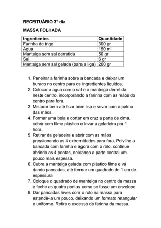 RECEITUÁRIO 3° dia
MASSA FOLHADA
Ingredientes Quantidade
Farinha de trigo 300 gr
Agua 150 ml
Manteiga sem sal derretida 50 gr
Sal 6 gr
Manteiga sem sal gelada (para a liga) 200 gr
1. Peneirar a farinha sobre a bancada e deixar um
buraco no centro para os ingredientes líquidos.
2. Colocar a agua com o sal e a manteiga derretida
neste centro, incorporando a farinha com as mãos do
centro para fora.
3. Misturar bem até ficar bem lisa e sovar com a palma
das mãos.
4. Formar uma bola e cortar em cruz a parte de cima,
cobrir com filme plástico e levar a geladeira por 1
hora.
5. Retirar da geladeira e abrir com as mãos
pressionando as 4 extremidades para fora. Polvilhe a
bancada com farinha e agora com o rolo, continue
abrindo as 4 pontas, deixando a parte central um
pouco mais espessa.
6. Cubra a manteiga gelada com plástico filme e vá
dando pancadas, até formar um quadrado de 1 cm de
espessura
7. Coloque o quadrado de manteiga no centro da massa
e feche as quatro pontas como se fosse um envelope.
8. Dar pancadas leves com o rolo na massa para
estendê-la um pouco, deixando um formato retangular
e uniforme. Retire o excesso de farinha da massa.
 