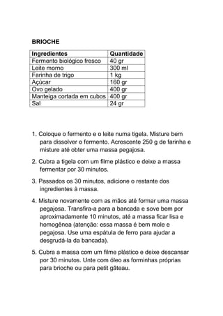 BRIOCHE
Ingredientes Quantidade
Fermento biológico fresco 40 gr
Leite morno 300 ml
Farinha de trigo 1 kg
Açúcar 160 gr
Ovo gelado 400 gr
Manteiga cortada em cubos 400 gr
Sal 24 gr
1. Coloque o fermento e o leite numa tigela. Misture bem
para dissolver o fermento. Acrescente 250 g de farinha e
misture até obter uma massa pegajosa.
2. Cubra a tigela com um filme plástico e deixe a massa
fermentar por 30 minutos.
3. Passados os 30 minutos, adicione o restante dos
ingredientes à massa.
4. Misture novamente com as mãos até formar uma massa
pegajosa. Transfira-a para a bancada e sove bem por
aproximadamente 10 minutos, até a massa ficar lisa e
homogênea (atenção: essa massa é bem mole e
pegajosa. Use uma espátula de ferro para ajudar a
desgrudá-la da bancada).
5. Cubra a massa com um filme plástico e deixe descansar
por 30 minutos. Unte com óleo as forminhas próprias
para brioche ou para petit gâteau.
 