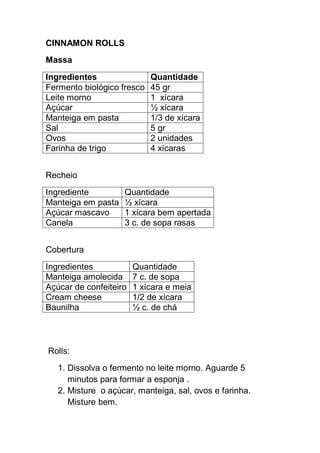 CINNAMON ROLLS
Massa
Ingredientes Quantidade
Fermento biológico fresco 45 gr
Leite morno 1 xícara
Açúcar ½ xícara
Manteiga em pasta 1/3 de xícara
Sal 5 gr
Ovos 2 unidades
Farinha de trigo 4 xícaras
Recheio
Ingrediente Quantidade
Manteiga em pasta ½ xícara
Açúcar mascavo 1 xícara bem apertada
Canela 3 c. de sopa rasas
Cobertura
Ingredientes Quantidade
Manteiga amolecida 7 c. de sopa
Açúcar de confeiteiro 1 xícara e meia
Cream cheese 1/2 de xícara
Baunilha ½ c. de chá
Rolls:
1. Dissolva o fermento no leite morno. Aguarde 5
minutos para formar a esponja .
2. Misture o açúcar, manteiga, sal, ovos e farinha.
Misture bem.
 