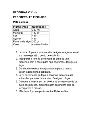 RECEITUÁRIO 4° dia
PROFITEROLES E ECLAIRS
Patê à choux
Ingredientes Quantidade
Água 330 ml
Manteiga 130 gr
Sal 4 gr
Açúcar 4 gr
Farinha de trigo 200 gr
Ovos 4 a 6 unidades
1. Levar ao fogo em uma saucier, a água, o açúcar, o sal
e a manteiga até o ponto de ebulição.
2. Incorporar a farinha peneirada de uma só vez,
mexendo com o fouet para não engrumar, desligue o
fogo.
3. Continue mexendo energicamente para a massa
secar, agora com a espátula.
4. Leve novamente ao fogo e continue mexendo até
soltar das paredes da saucier. Desligue o fogo.
5. Coloque a massa em um bowl e vá acrescentando os
ovos aos poucos, mexendo sem parar para que se
incorporem a massa.
6. Ela deve ficar em ponto de fita. Deixe esfriar.
 