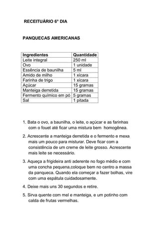 RECEITUÁRIO 6° DIA
PANQUECAS AMERICANAS
Ingredientes Quantidade
Leite integral 250 ml
Ovo 1 unidade
Essência de baunilha 5 ml
Amido de milho 1 xícara
Farinha de trigo 1 xícara
Açúcar 15 gramas
Manteiga derretida 15 gramas
Fermento químico em pó 5 gramas
Sal 1 pitada
1. Bata o ovo, a baunilha, o leite, o açúcar e as farinhas
com o fouet até ficar uma mistura bem homogênea.
2. Acrescente a manteiga derretida e o fermento e mexa
mais um pouco para misturar. Deve ficar com a
consistência de um creme de leite grosso. Acrescente
mais leite se necessário.
3. Aqueça a frigideira anti aderente no fogo médio e com
uma concha pequena,coloque bem no centro a massa
da panqueca. Quando ela começar a fazer bolhas, vire
com uma espátula cuidadosamente.
4. Deixe mais uns 30 segundos e retire.
5. Sirva quente com mel e manteiga, e um potinho com
calda de frutas vermelhas.
 