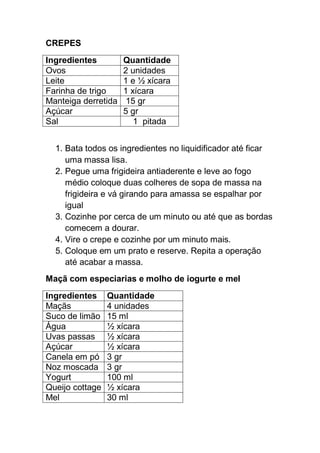 CREPES
Ingredientes Quantidade
Ovos 2 unidades
Leite 1 e ½ xícara
Farinha de trigo 1 xícara
Manteiga derretida 15 gr
Açúcar 5 gr
Sal 1 pitada
1. Bata todos os ingredientes no liquidificador até ficar
uma massa lisa.
2. Pegue uma frigideira antiaderente e leve ao fogo
médio coloque duas colheres de sopa de massa na
frigideira e vá girando para amassa se espalhar por
igual
3. Cozinhe por cerca de um minuto ou até que as bordas
comecem a dourar.
4. Vire o crepe e cozinhe por um minuto mais.
5. Coloque em um prato e reserve. Repita a operação
até acabar a massa.
Maçã com especiarias e molho de iogurte e mel
Ingredientes Quantidade
Maçãs 4 unidades
Suco de limão 15 ml
Água ½ xícara
Uvas passas ½ xícara
Açúcar ½ xícara
Canela em pó 3 gr
Noz moscada 3 gr
Yogurt 100 ml
Queijo cottage ½ xícara
Mel 30 ml
 