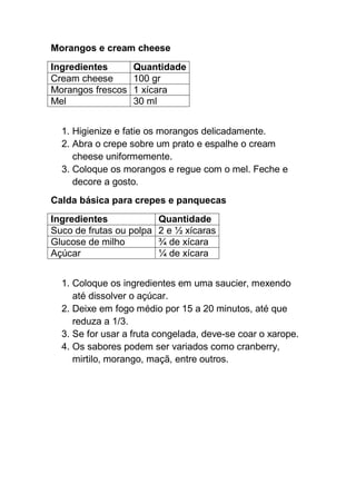 Morangos e cream cheese
Ingredientes Quantidade
Cream cheese 100 gr
Morangos frescos 1 xícara
Mel 30 ml
1. Higienize e fatie os morangos delicadamente.
2. Abra o crepe sobre um prato e espalhe o cream
cheese uniformemente.
3. Coloque os morangos e regue com o mel. Feche e
decore a gosto.
Calda básica para crepes e panquecas
Ingredientes Quantidade
Suco de frutas ou polpa 2 e ½ xícaras
Glucose de milho ¾ de xícara
Açúcar ¼ de xícara
1. Coloque os ingredientes em uma saucier, mexendo
até dissolver o açúcar.
2. Deixe em fogo médio por 15 a 20 minutos, até que
reduza a 1/3.
3. Se for usar a fruta congelada, deve-se coar o xarope.
4. Os sabores podem ser variados como cranberry,
mirtilo, morango, maçã, entre outros.
 