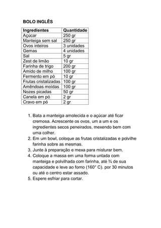 BOLO INGLÊS
Ingredientes Quantidade
Açúcar 250 gr
Manteiga sem sal 250 gr
Ovos inteiros 3 unidades
Gemas 4 unidades
Sal 5 gr
Zest de limão 10 gr
Farinha de trigo 200 gr
Amido de milho 100 gr
Fermento em pó 10 gr
Frutas cristalizadas 100 gr
Amêndoas moídas 100 gr
Nozes picadas 50 gr
Canela em pó 2 gr
Cravo em pó 2 gr
1. Bata a manteiga amolecida e o açúcar até ficar
cremosa. Acrescente os ovos, um a um e os
ingredientes secos peneirados, mexendo bem com
uma colher.
2. Em um bowl, coloque as frutas cristalizadas e polvilhe
farinha sobre as mesmas.
3. Junte à preparação e mexa para misturar bem.
4. Coloque a massa em uma forma untada com
manteiga e polvilhada com farinha, até ¾ de sua
capacidade e leve ao forno (160° C). por 30 minutos
ou até o centro estar assado.
5. Espere esfriar para cortar.
 