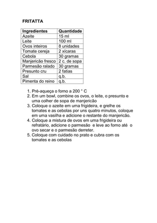 FRITATTA
Ingredientes Quantidade
Azeite 15 ml
Leite 100 ml
Ovos inteiros 8 unidades
Tomate cereja 2 xícaras
Cebola 30 gramas
Manjericão fresco 2 c. de sopa
Parmesão ralado 30 gramas
Presunto cru 2 fatias
Sal q.b.
Pimenta do reino q.b.
1. Pré-aqueça o forno a 200 ° C
2. Em um bowl, combine os ovos, o leite, o presunto e
uma colher de sopa de manjericão
3. Coloque o azeite em uma frigideira, e grelhe os
tomates e as cebolas por uns quatro minutos, coloque
em uma vasilha e adicione o restante do manjericão.
4. Coloque a mistura de ovos em uma frigideira ou
refratário, adicione o parmesão e leve ao forno até o
ovo secar e o parmesão derreter.
5. Coloque com cuidado no prato e cubra com os
tomates e as cebolas
 