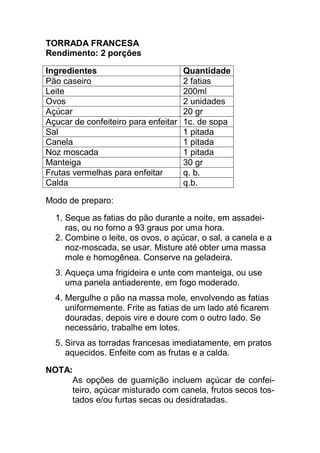 TORRADA FRANCESA
Rendimento: 2 porções
Ingredientes Quantidade
Pão caseiro 2 fatias
Leite 200ml
Ovos 2 unidades
Açúcar 20 gr
Açucar de confeiteiro para enfeitar 1c. de sopa
Sal 1 pitada
Canela 1 pitada
Noz moscada 1 pitada
Manteiga 30 gr
Frutas vermelhas para enfeitar q. b.
Calda q.b.
Modo de preparo:
1. Seque as fatias do pão durante a noite, em assadei-
ras, ou no forno a 93 graus por uma hora.
2. Combine o leite, os ovos, o açúcar, o sal, a canela e a
noz-moscada, se usar. Misture até obter uma massa
mole e homogênea. Conserve na geladeira.
3. Aqueça uma frigideira e unte com manteiga, ou use
uma panela antiaderente, em fogo moderado.
4. Mergulhe o pão na massa mole, envolvendo as fatias
uniformemente. Frite as fatias de um lado até ficarem
douradas, depois vire e doure com o outro lado. Se
necessário, trabalhe em lotes.
5. Sirva as torradas francesas imediatamente, em pratos
aquecidos. Enfeite com as frutas e a calda.
NOTA:
As opções de guarnição incluem açúcar de confei-
teiro, açúcar misturado com canela, frutos secos tos-
tados e/ou furtas secas ou desidratadas.
 