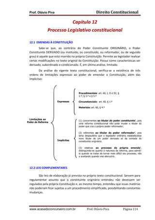 Direito	
  Constitucional	
  

Prof. Otávio Piva

Capítulo	
  12	
  
Processo	
  Legislativo	
  constitucional	
  
	
  
12.1	
  	
  EMENDAS	
  À	
  CONSTITUIÇÃO	
  	
  
Sabe-­‐se	
   que,	
   ao	
   contrário	
   do	
   Poder	
   Constituinte	
   ORIGINÁRIO,	
   o	
   Poder	
  
Constituinte	
  DERIVADO	
  (ou	
  instituído,	
  ou	
  constituído,	
  ou	
  reformador,	
  ou	
  de	
  segundo	
  
grau)	
  é	
  aquele	
  que	
  está	
  inserido	
  na	
  própria	
  Constituição.	
  Permite	
  ao	
  legislador	
  realizar	
  
certas	
  modificações	
  no	
  texto	
  original	
  da	
  Constituição.	
  Possui	
  como	
  características	
  ser	
  
derivado,	
  subordinado	
  e	
  condicionado.	
  É,	
  em	
  última	
  análise,	
  limitado.	
  
Da	
   análise	
   do	
   vigente	
   texto	
   constitucional,	
   verifica-­‐se	
   a	
   existência	
   de	
   três	
  
ordens	
   de	
   limitações	
   expressas	
   ao	
   poder	
   de	
   emendar	
   a	
   Constituição,	
   além	
   das	
  
implícitas:	
  
	
  
	
  
	
  
	
  
	
  
	
  
	
  
	
  
	
  
	
  
Limitações ao
Poder de Reforma
	
  
	
  
	
  
	
  
	
  

Procedimentais: art. 60, I, II e III; §
2.º; § 3.º e § 5.º
Expressas

Circunstanciais: art. 60, § 1.º
Materiais: art. 60, § 4.º

(1) concernentes ao titular do poder constituinte’, pois
uma reforma constitucional não pode mudar o titular do
poder que cria o próprio poder reformador;

Implícitas

	
  
	
  

(2) referentes ao titular do poder reformador’, pois
seria despautério que o legislador ordinário estabelecesse
novo titular de um poder derivado só da vontade do
constituinte originário;
(3) relativas ao processo da própria emenda’,
distinguindo-se quanto à natureza da reforma, para admitila quando se tratar de tornar mais difícil seu processo, não
a aceitando quando vise atenuá-lo.

	
  
12.2	
  LEIS	
  COMPLEMENTARES	
  	
  
São	
  leis	
  de	
  elaboração	
  já	
  prevista	
  no	
  próprio	
  texto	
  constitucional.	
  Servem	
  para	
  
regulamentar	
   assunto	
   que	
   o	
   constituinte	
   originário	
   entendeu	
   não	
   devessem	
   ser	
  
regulados	
  pela	
  própria	
  Constituição	
  e,	
  ao	
  mesmo	
  tempo,	
  entendeu	
  que	
  essas	
  matérias	
  
não	
  poderiam	
  ficar	
  sujeitas	
  a	
  um	
  procedimento	
  simplificado,	
  possibilitando	
  constantes	
  
mudanças.	
  	
  

www.acasadoconcurseiro.com.br

Prof.	
  Otávio	
  Piva	
  	
  	
  	
  	
  	
  	
  	
  	
  	
  	
  	
  	
  	
  	
  	
  	
  	
  	
  	
  	
  Página	
  114	
  

 