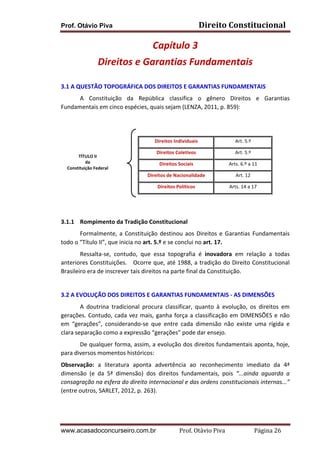 Direito	
  Constitucional	
  

Prof. Otávio Piva

Capítulo	
  3	
  
Direitos	
  e	
  Garantias	
  Fundamentais	
  
	
  
3.1	
  A	
  QUESTÃO	
  TOPOGRÁFICA	
  DOS	
  DIREITOS	
  E	
  GARANTIAS	
  FUNDAMENTAIS	
  
A	
   Constituição	
   da	
   República	
   classifica	
   o	
   gênero	
   Direitos	
   e	
   Garantias	
  
Fundamentais	
  em	
  cinco	
  espécies,	
  quais	
  sejam	
  (LENZA,	
  2011,	
  p.	
  859):	
  
	
  
	
  
Direitos	
  Individuais	
  

Art.	
  5.º	
  

Direitos	
  Coletivos	
  

Art.	
  5.º	
  

Direitos	
  Sociais	
  

Arts.	
  6.º	
  a	
  11	
  

Direitos	
  de	
  Nacionalidade	
  

Art.	
  12	
  

Direitos	
  Políticos	
  

Arts.	
  14	
  a	
  17	
  

TÍTULO	
  II	
  
da	
  
Constituição	
  Federal	
  

	
  
	
  
3.1.1 Rompimento	
  da	
  Tradição	
  Constitucional	
  
	
  
Formalmente,	
   a	
   Constituição	
   destinou	
   aos	
   Direitos	
   e	
   Garantias	
   Fundamentais	
  
todo	
  o	
  “Título	
  II”,	
  que	
  inicia	
  no	
  art.	
  5.º	
  e	
  se	
  conclui	
  no	
  art.	
  17.	
  	
  
	
  
Ressalta-­‐se,	
   contudo,	
   que	
   essa	
   topografia	
   é	
   inovadora	
   em	
   relação	
   a	
   todas	
  
anteriores	
  Constituições.	
  	
  	
  Ocorre	
  que,	
  até	
  1988,	
  a	
  tradição	
  do	
  Direito	
  Constitucional	
  
Brasileiro	
  era	
  de	
  inscrever	
  tais	
  direitos	
  na	
  parte	
  final	
  da	
  Constituição.	
  	
  
	
  
3.2	
  A	
  EVOLUÇÃO	
  DOS	
  DIREITOS	
  E	
  GARANTIAS	
  FUNDAMENTAIS	
  -­‐	
  AS	
  DIMENSÕES	
  
	
  
A	
   doutrina	
   tradicional	
   procura	
   classificar,	
   quanto	
   à	
   evolução,	
   os	
   direitos	
   em	
  
gerações.	
   Contudo,	
   cada	
   vez	
   mais,	
   ganha	
   força	
   a	
   classificação	
   em	
   DIMENSÕES	
   e	
   não	
  
em	
   “gerações”,	
   considerando-­‐se	
   que	
   entre	
   cada	
   dimensão	
   não	
   existe	
   uma	
   rígida	
   e	
  
clara	
  separação	
  como	
  a	
  expressão	
  “gerações”	
  pode	
  dar	
  ensejo.	
  
	
  
De	
  qualquer	
  forma,	
  assim,	
  a	
  evolução	
  dos	
  direitos	
  fundamentais	
  aponta,	
  hoje,	
  
para	
  diversos	
  momentos	
  históricos:	
  
Observação:	
   a	
   literatura	
   aponta	
   advertência	
   ao	
   reconhecimento	
   imediato	
   da	
   4ª	
  
dimensão	
   (e	
   da	
   5ª	
   dimensão)	
   dos	
   direitos	
   fundamentais,	
   pois	
   “...ainda	
   aguarda	
   a	
  
consagração	
  na	
  esfera	
  do	
  direito	
  internacional	
  e	
  das	
  ordens	
  constitucionais	
  internas...”	
  
(entre	
  outros,	
  SARLET,	
  2012,	
  p.	
  263).	
  
	
  

www.acasadoconcurseiro.com.br

Prof.	
  Otávio	
  Piva	
  	
  	
  	
  	
  	
  	
  	
  	
  	
  	
  	
  	
  	
  	
  	
  	
  	
  	
  	
  	
  Página	
  26	
  

 