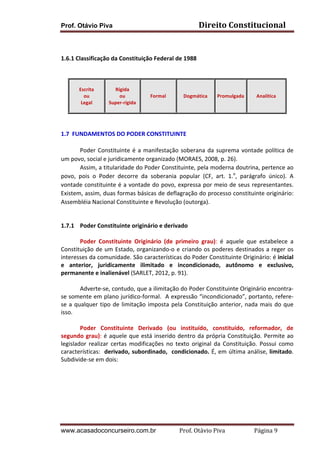 Direito	
  Constitucional	
  

Prof. Otávio Piva
	
  
	
  
1.6.1	
  Classificação	
  da	
  Constituição	
  Federal	
  de	
  1988	
  
	
  
	
  
	
  
Escrita	
  
ou	
  	
  
Legal	
  
	
  

Rígida	
  
ou	
  
Super-­‐rígida	
  

Formal	
  

Dogmática	
  

Promulgada	
  

Analítica	
  

	
  
	
  
1.7	
  	
  FUNDAMENTOS	
  DO	
  PODER	
  CONSTITUINTE	
  	
  
	
  
Poder	
   Constituinte	
   é	
   a	
   manifestação	
   soberana	
   da	
   suprema	
   vontade	
   política	
   de	
  
um	
  povo,	
  social	
  e	
  juridicamente	
  organizado	
  (MORAES,	
  2008,	
  p.	
  26).	
  
Assim,	
   a	
   titularidade	
   do	
   Poder	
   Constituinte,	
   pela	
   moderna	
   doutrina,	
   pertence	
   ao	
  
povo,	
   pois	
   o	
   Poder	
   decorre	
   da	
   soberania	
   popular	
   (CF,	
   art.	
   1.o,	
   parágrafo	
   único).	
   A	
  
vontade	
  constituinte	
  é	
  a	
  vontade	
  do	
  povo,	
  expressa	
  por	
  meio	
  de	
  seus	
  representantes.	
  	
  
Existem,	
  assim,	
  duas	
  formas	
  básicas	
  de	
  deflagração	
  do	
  processo	
  constituinte	
  originário:	
  
Assembléia	
  Nacional	
  Constituinte	
  e	
  Revolução	
  (outorga).	
  
	
  
	
  
1.7.1 Poder	
  Constituinte	
  originário	
  e	
  derivado	
  
	
  
Poder	
   Constituinte	
   Originário	
   (de	
   primeiro	
   grau):	
   é	
   aquele	
   que	
   estabelece	
   a	
  
Constituição	
   de	
   um	
   Estado,	
   organizando-­‐o	
   e	
   criando	
   os	
   poderes	
   destinados	
   a	
   reger	
   os	
  
interesses	
   da	
   comunidade.	
   São	
   características	
   do	
   Poder	
   Constituinte	
   Originário:	
   é	
   inicial	
  
e	
   anterior,	
   juridicamente	
   ilimitado	
   e	
   incondicionado,	
   autônomo	
   e	
   exclusivo,	
  
permanente	
  e	
  inalienável	
  (SARLET,	
  2012,	
  p.	
  91).	
  
	
  
Adverte-­‐se,	
  contudo,	
  que	
  a	
  ilimitação	
  do	
  Poder	
  Constituinte	
  Originário	
  encontra-­‐
se	
  somente	
  em	
  plano	
  jurídico-­‐formal.	
  	
  A	
  expressão	
  “incondicionado”,	
  portanto,	
  refere-­‐
se	
   a	
   qualquer	
   tipo	
   de	
   limitação	
   imposta	
   pela	
   Constituição	
   anterior,	
   nada	
   mais	
   do	
   que	
  
isso.	
  
	
  
Poder	
   Constituinte	
   Derivado	
   (ou	
   instituído,	
   constituído,	
   reformador,	
   de	
  
segundo	
   grau):	
   é	
   aquele	
   que	
   está	
   inserido	
   dentro	
   da	
   própria	
   Constituição.	
   Permite	
   ao	
  
legislador	
   realizar	
   certas	
   modificações	
   no	
   texto	
   original	
   da	
   Constituição.	
   Possui	
   como	
  
características:	
  	
  derivado,	
  subordinado,	
  	
  condicionado.	
  É,	
  em	
  última	
  análise,	
  limitado.	
  	
  
Subdivide-­‐se	
  em	
  dois:	
  	
  
	
  
	
  
	
  
	
  
	
  
	
  

www.acasadoconcurseiro.com.br

Prof.	
  Otávio	
  Piva	
  	
  	
  	
  	
  	
  	
  	
  	
  	
  	
  	
  	
  	
  	
  	
  	
  	
  	
  	
  	
  Página	
  9	
  

 