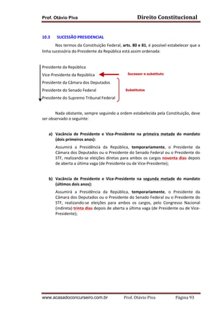 Direito	
  Constitucional	
  

Prof. Otávio Piva
	
  
10.3

SUCESSÃO	
  PRESIDENCIAL	
  

Nos	
  termos	
  da	
  Constituição	
  Federal,	
  arts.	
  80	
  e	
  81,	
  é	
  possível	
  estabelecer	
  que	
  a	
  
linha	
  sucessória	
  do	
  Presidente	
  da	
  República	
  está	
  assim	
  ordenada:	
  
	
  
Presidente	
  da	
  República	
  
Vice-­‐Presidente	
  da	
  República	
  

Sucessor e substituto

Presidente	
  da	
  Câmara	
  dos	
  Deputados	
  
Presidente	
  do	
  Senado	
  Federal	
  

Substitutos

Presidente	
  do	
  Supremo	
  Tribunal	
  Federal	
  
	
  
	
  
Nada	
  obstante,	
  sempre	
  seguindo	
  a	
  ordem	
  estabelecida	
  pela	
  Constituição,	
  deve	
  
ser	
  observado	
  o	
  seguinte:	
  
	
  
a) Vacância	
   de	
   Presidente	
   e	
   Vice-­‐Presidente	
   na	
   primeira	
   metade	
   do	
   mandato	
  
(dois	
  primeiros	
  anos):	
  
Assumirá	
   a	
   Presidência	
   da	
   República,	
   temporariamente,	
   o	
   Presidente	
   da	
  
Câmara	
  dos	
  Deputados	
  ou	
  o	
  Presidente	
  do	
  Senado	
  Federal	
  ou	
  o	
  Presidente	
  do	
  
STF,	
   realizando-­‐se	
   eleições	
   diretas	
   para	
   ambos	
   os	
   cargos	
   noventa	
   dias	
   depois	
  
de	
  aberta	
  a	
  última	
  vaga	
  (de	
  Presidente	
  ou	
  de	
  Vice-­‐Presidente);	
  
	
  
b) Vacância	
   de	
   Presidente	
   e	
   Vice-­‐Presidente	
   na	
   segunda	
   metade	
   do	
   mandato	
  
(últimos	
  dois	
  anos):	
  
Assumirá	
   a	
   Presidência	
   da	
   República,	
   temporariamente,	
   o	
   Presidente	
   da	
  
Câmara	
  dos	
  Deputados	
  ou	
  o	
  Presidente	
  do	
  Senado	
  Federal	
  ou	
  o	
  Presidente	
  do	
  
STF,	
   realizando-­‐se	
   eleições	
   para	
   ambos	
   os	
   cargos,	
   pelo	
   Congresso	
   Nacional	
  
(indireta)	
  trinta	
  dias	
  depois	
  de	
  aberta	
  a	
  última	
  vaga	
  (de	
  Presidente	
  ou	
  de	
  Vice-­‐
Presidente);	
  
	
  
	
  
	
  

	
  

www.acasadoconcurseiro.com.br

Prof.	
  Otávio	
  Piva	
  	
  	
  	
  	
  	
  	
  	
  	
  	
  	
  	
  	
  	
  	
  	
  	
  	
  	
  	
  	
  Página	
  93	
  

 