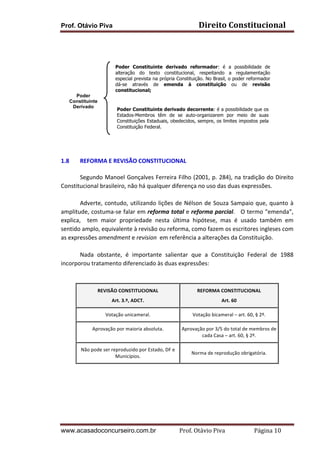 Prof. Otávio Piva Direito	
  Constitucional	
  
www.acasadoconcurseiro.com.br Prof.	
  Otávio	
  Piva	
  	
  	
  	
  	
  	
  	
  	
  	
  	
  	
  	
  	
  	
  	
  	
  	
  	
  	
  	
  	
  Página	
  10	
  
	
  
	
  
	
  
	
  
	
  
	
  
	
  
	
  
	
  
	
  
	
  
	
  
	
  
	
  
	
  	
  
1.8 REFORMA	
  E	
  REVISÃO	
  CONSTITUCIONAL	
  
	
  
Segundo	
  Manoel	
  Gonçalves	
  Ferreira	
  Filho	
  (2001,	
  p.	
  284),	
  na	
  tradição	
  do	
  Direito	
  
Constitucional	
  brasileiro,	
  não	
  há	
  qualquer	
  diferença	
  no	
  uso	
  das	
  duas	
  expressões.	
  	
  	
  
	
  
Adverte,	
  contudo,	
  utilizando	
  lições	
  de	
  Nélson	
  de	
  Souza	
  Sampaio	
  que,	
  quanto	
  à	
  	
  
amplitude,	
  costuma-­‐se	
  falar	
  em	
  reforma	
  total	
  e	
  reforma	
  parcial.	
  	
  	
  O	
  termo	
  “emenda”,	
  
explica,	
   	
   tem	
   maior	
   propriedade	
   nesta	
   última	
   hipótese,	
   mas	
   é	
   usado	
   também	
   em	
  
sentido	
  amplo,	
  equivalente	
  à	
  revisão	
  ou	
  reforma,	
  como	
  fazem	
  os	
  escritores	
  ingleses	
  com	
  
as	
  expressões	
  amendment	
  e	
  revision	
  	
  em	
  referência	
  a	
  alterações	
  da	
  Constituição.	
  	
  	
  	
  	
  	
  
	
  
Nada	
   obstante,	
   é	
   importante	
   salientar	
   que	
   a	
   Constituição	
   Federal	
   de	
   1988	
  
incorporou	
  tratamento	
  diferenciado	
  às	
  duas	
  expressões:	
  
	
  
	
  
REVISÃO	
  CONSTITUCIONAL	
  
Art.	
  3.º,	
  ADCT.	
  
REFORMA	
  CONSTITUCIONAL	
  
Art.	
  60	
  
Votação	
  unicameral.	
   Votação	
  bicameral	
  –	
  art.	
  60,	
  §	
  2º.	
  
Aprovação	
  por	
  maioria	
  absoluta.	
   Aprovação	
  por	
  3/5	
  do	
  total	
  de	
  membros	
  de	
  
cada	
  Casa	
  –	
  art.	
  60,	
  §	
  2º.	
  
Não	
  pode	
  ser	
  reproduzido	
  por	
  Estado,	
  DF	
  e	
  
Municípios.	
  
Norma	
  de	
  reprodução	
  obrigatória.	
  
	
  
	
  
	
  
	
  
Poder
Constituinte
Derivado
Poder Constituinte derivado reformador: é a possibilidade de
alteração do texto constitucional, respeitando a regulamentação
especial prevista na própria Constituição. No Brasil, o poder reformador
dá-se através de emenda à constituição ou de revisão
constitucional;
Poder Constituinte derivado decorrente: é a possibilidade que os
Estados-Membros têm de se auto-organizarem por meio de suas
Constituições Estaduais, obedecidos, sempre, os limites impostos pela
Constituição Federal.
 