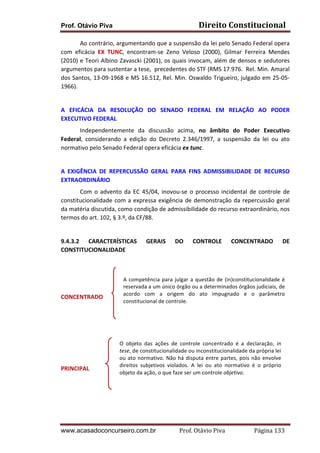 Prof. Otávio Piva Direito	
  Constitucional	
  
www.acasadoconcurseiro.com.br Prof.	
  Otávio	
  Piva	
  	
  	
  	
  	
  	
  	
  	
  	
  	
  	
  	
  	
  	
  	
  	
  	
  	
  	
  	
  	
  Página	
  133	
  
Ao	
  contrário,	
  argumentando	
  que	
  a	
  suspensão	
  da	
  lei	
  pelo	
  Senado	
  Federal	
  opera	
  
com	
   eficácia	
   EX	
   TUNC,	
   encontram-­‐se	
   Zeno	
   Veloso	
   (2000),	
   Gilmar	
   Ferreira	
   Mendes	
  
(2010)	
  e	
  Teori	
  Albino	
  Zavascki	
  (2001),	
  os	
  quais	
  invocam,	
  além	
  de	
  densos	
  e	
  sedutores	
  
argumentos	
  para	
  sustentar	
  a	
  tese,	
  	
  precedentes	
  do	
  STF	
  (RMS	
  17.976.	
  	
  Rel.	
  Min.	
  Amaral	
  
dos	
  Santos,	
  13-­‐09-­‐1968	
  e	
  MS	
  16.512,	
  Rel.	
  Min.	
  Oswaldo	
  Trigueiro,	
  julgado	
  em	
  25-­‐05-­‐
1966).	
  
	
  
A	
   EFICÁCIA	
   DA	
   RESOLUÇÃO	
   DO	
   SENADO	
   FEDERAL	
   EM	
   RELAÇÃO	
   AO	
   PODER	
  
EXECUTIVO	
  FEDERAL	
  
Independentemente	
   da	
   discussão	
   acima,	
   no	
   âmbito	
   do	
   Poder	
   Executivo	
  
Federal,	
   considerando	
   a	
   edição	
   do	
   Decreto	
   2.346/1997,	
   a	
   suspensão	
   da	
   lei	
   ou	
   ato	
  
normativo	
  pelo	
  Senado	
  Federal	
  opera	
  eficácia	
  ex	
  tunc.	
  
	
  
A	
   EXIGÊNCIA	
   DE	
   REPERCUSSÃO	
   GERAL	
   PARA	
   FINS	
   ADMISSIBILIDADE	
   DE	
   RECURSO	
  
EXTRAORDINÁRIO	
  
Com	
  o	
  advento	
  da	
  EC	
  45/04,	
  inovou-­‐se	
  o	
  processo	
  incidental	
  de	
  controle	
  de	
  
constitucionalidade	
  com	
  a	
  expressa	
  exigência	
  de	
  demonstração	
  da	
  repercussão	
  geral	
  
da	
  matéria	
  discutida,	
  como	
  condição	
  de	
  admissibilidade	
  do	
  recurso	
  extraordinário,	
  nos	
  
termos	
  do	
  art.	
  102,	
  §	
  3.º,	
  da	
  CF/88.	
  
	
  
9.4.3.2	
   CARACTERÍSTICAS	
   GERAIS	
   DO	
   CONTROLE	
   CONCENTRADO	
   DE	
  
CONSTITUCIONALIDADE	
  
	
  
	
  
	
  
	
  
CONCENTRADO	
  
	
  
	
  
	
  
	
  
	
  
	
  
	
  
PRINCIPAL	
  
	
  
	
  
	
  
	
  
A	
  competência	
  para	
  julgar	
  a	
  questão	
  de	
  (in)constitucionalidade	
  é	
  
reservada	
  a	
  um	
  único	
  órgão	
  ou	
  a	
  determinados	
  órgãos	
  judiciais,	
  de	
  
acordo	
   com	
   a	
   origem	
   do	
   ato	
   impugnado	
   e	
   o	
   parâmetro	
  
constitucional	
  de	
  controle.	
  
O	
   objeto	
   das	
   ações	
   de	
   controle	
   concentrado	
   é	
   a	
   declaração,	
   in	
  
tese,	
  de	
  constitucionalidade	
  ou	
  inconstitucionalidade	
  da	
  própria	
  lei	
  
ou	
  ato	
  normativo.	
  Não	
  há	
  disputa	
  entre	
  partes,	
  pois	
  não	
  envolve	
  
direitos	
   subjetivos	
   violados.	
   A	
   lei	
   ou	
   ato	
   normativo	
   é	
   o	
   próprio	
  
objeto	
  da	
  ação,	
  o	
  que	
  faze	
  ser	
  um	
  controle	
  objetivo.	
  
 